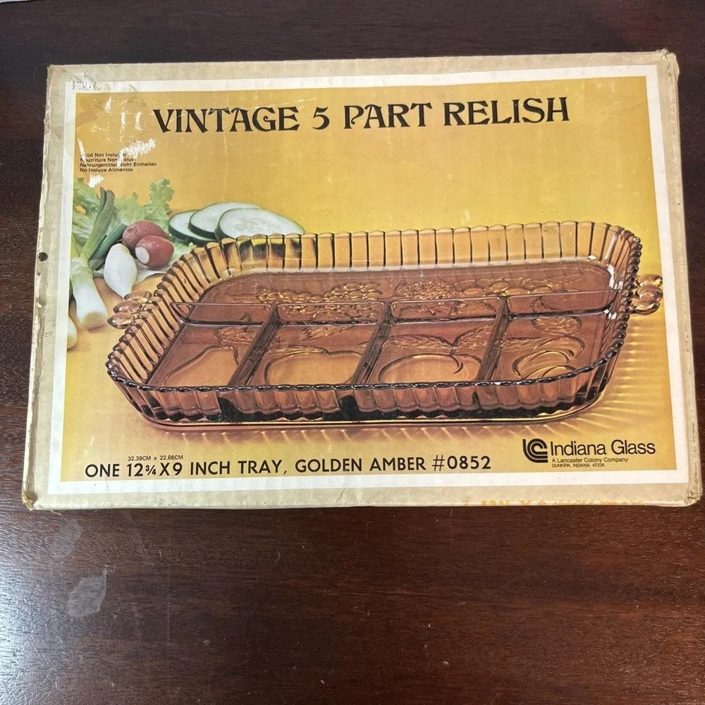 Vtg Indiana Glass Golden Amber Fruit Embossed 5 Part Divided Relish Tray Platter